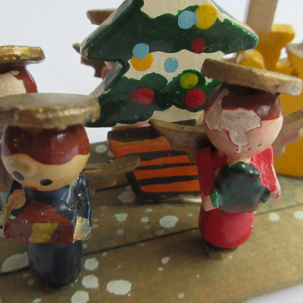 Mini Wooden Choir Angels, Tree, Candles Expanding Accordion Decoration Japan Vtg - Picture 2 of 16